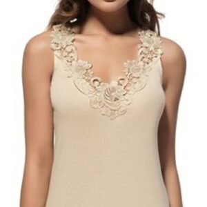 Maria Angel Damen-Unterhemd, einfarbig, Baumwolle, breite Träger, Spitzenbesatz, Hals-Design, Camisole, beige, 44-46 - Image 1