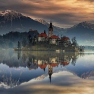 Mariä-Himmelfahrt-Kirche, Bleder See, Abendsonnenuntergang, DIY 5D Diamantmalerei nach Zahlen, einzigartige Sets, Wanddekoration, Kristall, 30 x 40 cm - Image 1