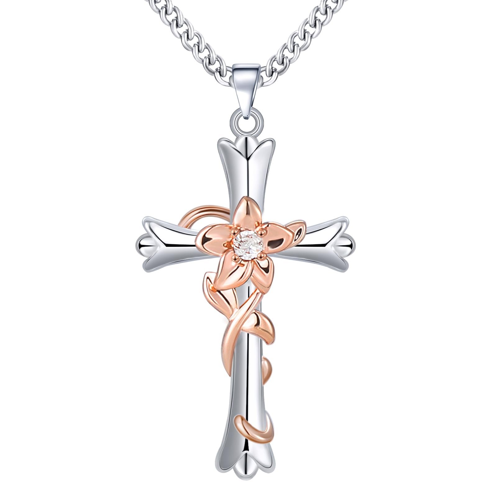 Mesovor Kreuz Kette Halskette für Frauen, Religiöser Glaube Kreuz Gott gesegnet Anhänger Halskette für Mädchen Mutter Frau Geschenke (Narzissen-Hoffnung) - Image 1