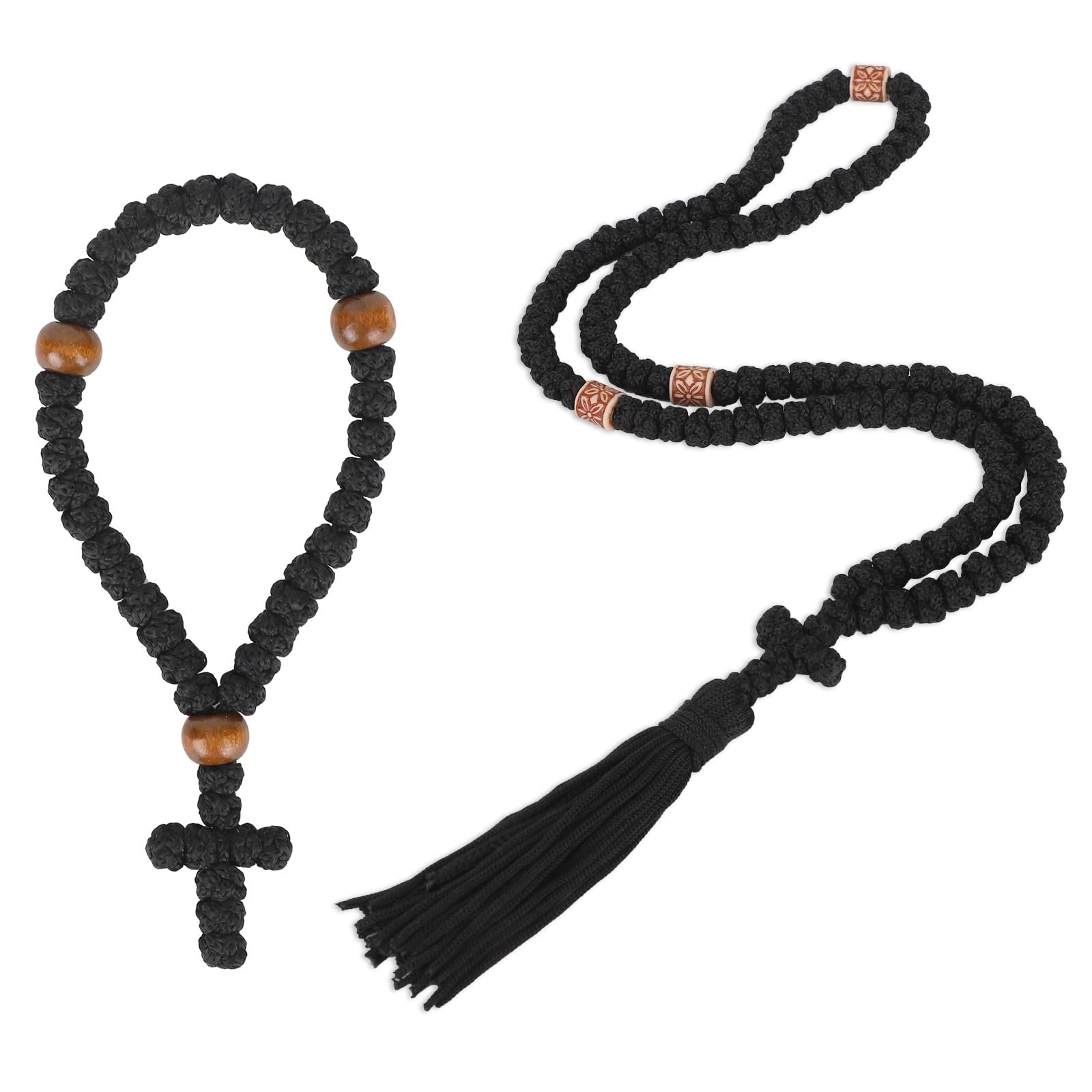 Mikovivi 2stk Orthodoxes Gebetsseil Set, Chotki Gebetsseil Halskette mit Quaste und Kreuz und Passendem Armband zur Christlichen Dekoration(Schwarz) - Image 1