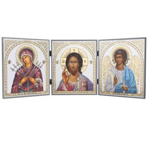 NKlaus - Ikone Gottesmutter der Sieben Pfeile & Jesus Christus & Schutzengel - Haus Altar Triptychon - 18x46cm - Ikonografie 16518 - Image 1