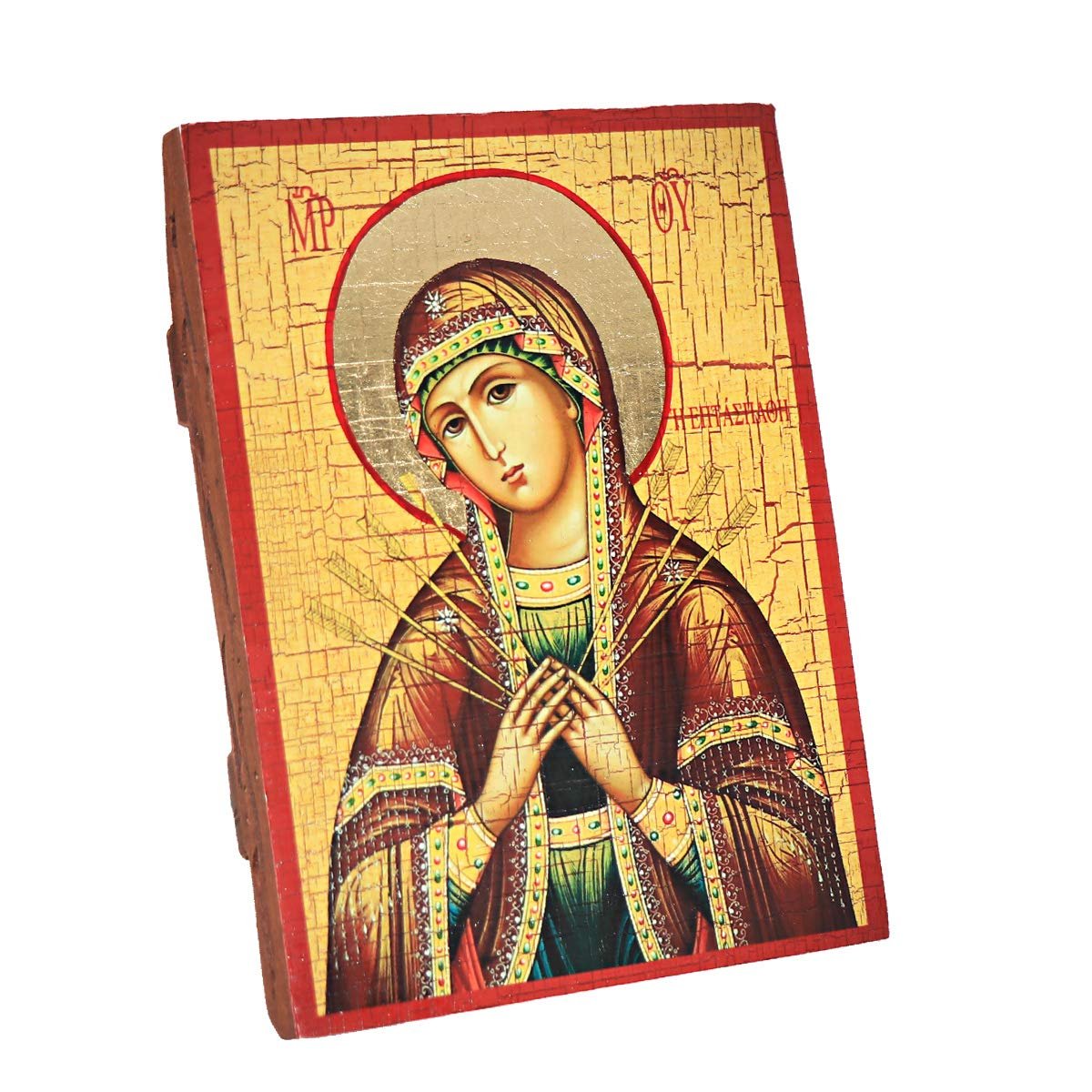 NKlaus Siebenpfeilige Gottesmutter, Christliche Holz Ikone 16x12,5cm handarbeit 37024 - Image 1