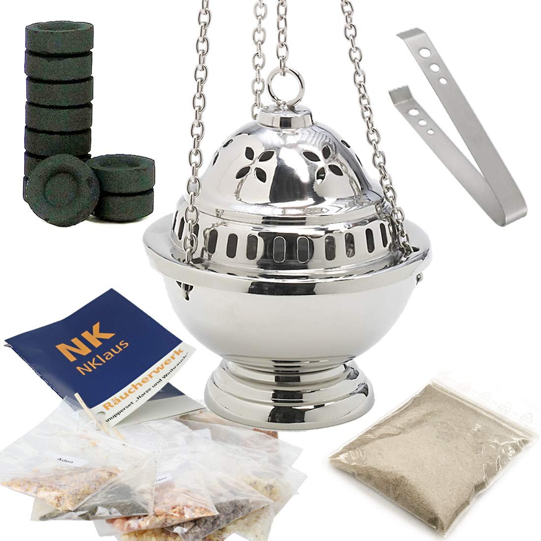 NKlaus Weihrachuschwenker Set 15tlg. silbern mit RäucherKohlezange Harze und Weihrauch - Image 1