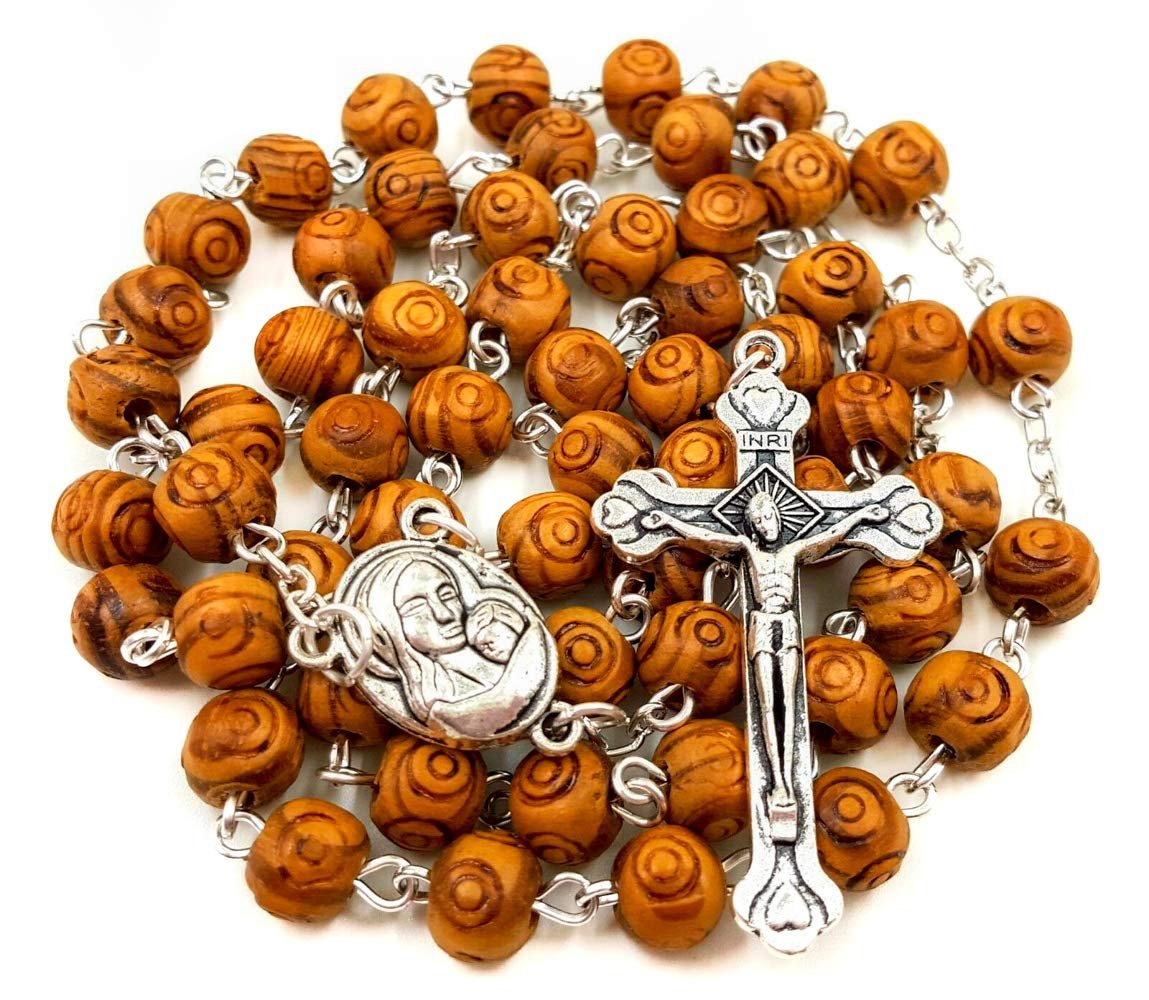 Nazareth Store Geschnitzte Olivenholz Perlen Katholisches Gebet Rosenkranz Halskette Heilige Boden Medaille & Metallkreuz - Image 1