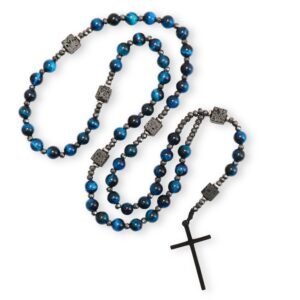 Nazareth Store Herren-Rosenkranz-Halskette, schwarzer Onyx oder Tigerauge, Perlen mit schwarzem Legierungskreuz, katholischer, christlicher, religiöser Schmuck, Geschenk für Ihn, 42*25 Mm, Stein, Kein - Image 1