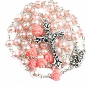 Nazareth Store Katholische rosa Perle Perlen Rosenkranz Halskette 6pcs Unsere Rose Lourdes Medaille & Kreuz NS - Image 1