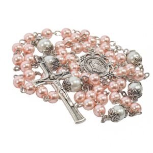 Nazareth Store Perlen-Rosenkranz, weiße Vaterunser-Perlen-Halskette, Lourdes-Medaille und Kreuz, Kruzifix, spirituelle Hingabe (Rosa) - Image 1