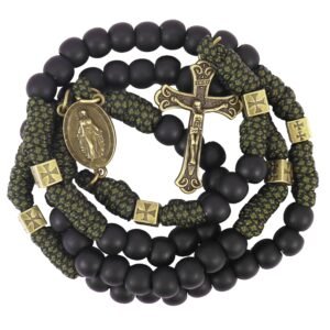 Nazareth Store Rosenkranz-Halskette aus robustem, langlebigem Paracord-Rosenkranz in Antik-Bronze-Bronze, mattschwarze Gebetskette mit Heiliger Medaille und Kruzifix (Jesuskreuz mit Wundermedaille) - Image 1