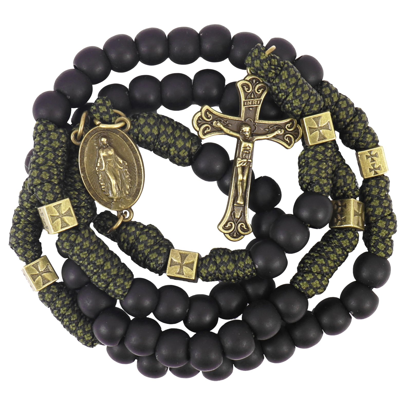 Nazareth Store Rosenkranz-Halskette aus robustem, langlebigem Paracord-Rosenkranz in Antik-Bronze-Bronze, mattschwarze Gebetskette mit Heiliger Medaille und Kruzifix (Jesuskreuz mit Wundermedaille) - Image 1