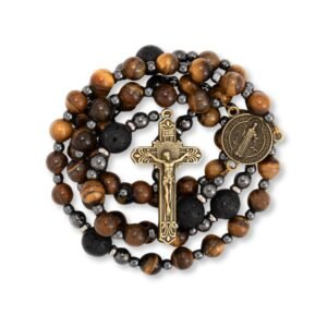 Nazareth Store Rosenkranz für Männer katholische Rosenkranzkette Tigerauge-Perlen robuster Rosenkranz mit Kreuz in tragbarer Geschenkbox (St. Benedikt) - Image 1