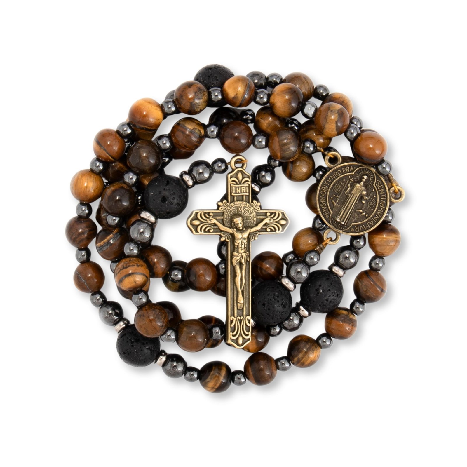 Nazareth Store Rosenkranz für Männer katholische Rosenkranzkette Tigerauge-Perlen robuster Rosenkranz mit Kreuz in tragbarer Geschenkbox (St. Benedikt) - Image 1