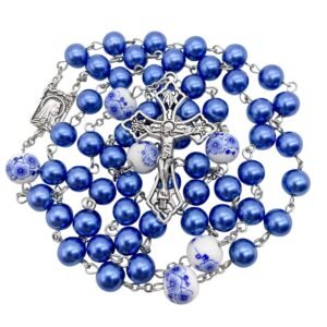 Nazareth Store Rosenkranz mit blauen Perlen, weiße Blumen, Perlen, Halskette, Lourdes-Medaille und Kreuz-Kruzifix, 50 cm, Zink, Blaue Perle - Image 1