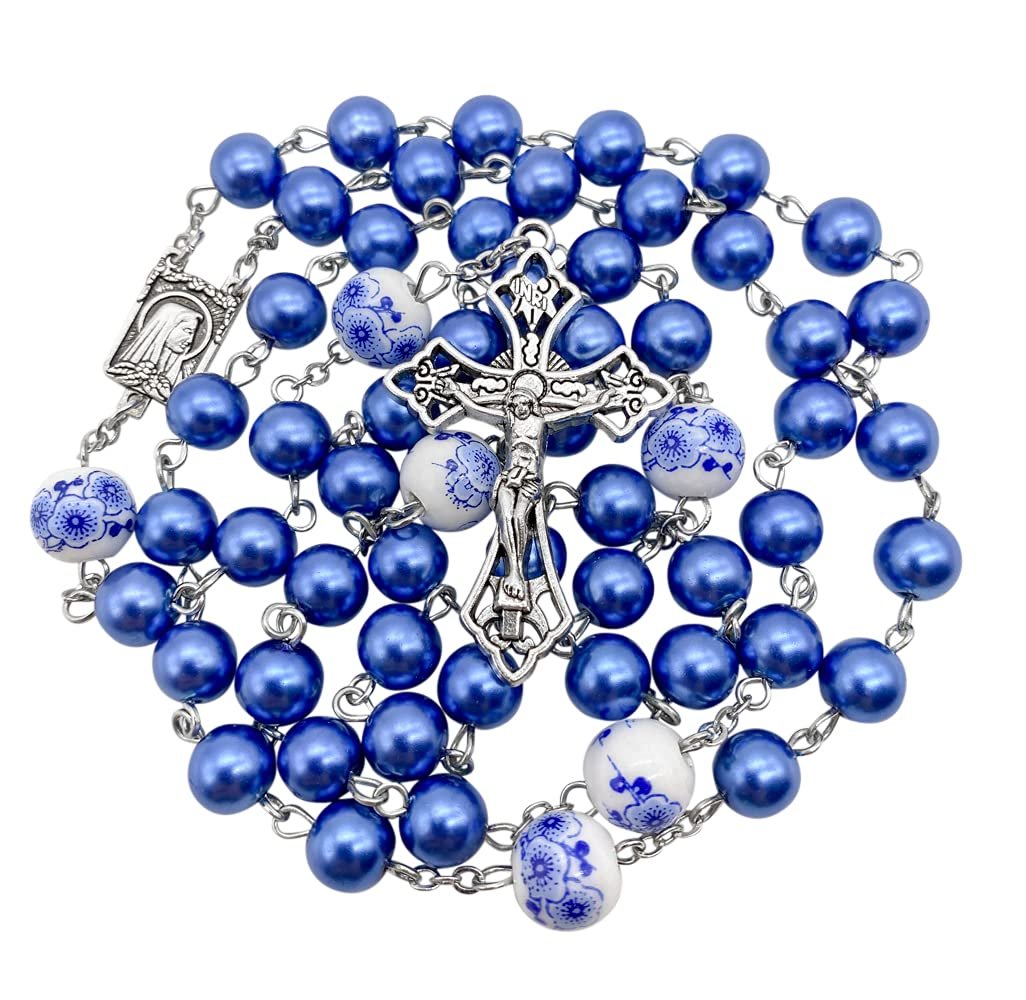 Nazareth Store Rosenkranz mit blauen Perlen, weiße Blumen, Perlen, Halskette, Lourdes-Medaille und Kreuz-Kruzifix, 50 cm, Zink, Blaue Perle - Image 1