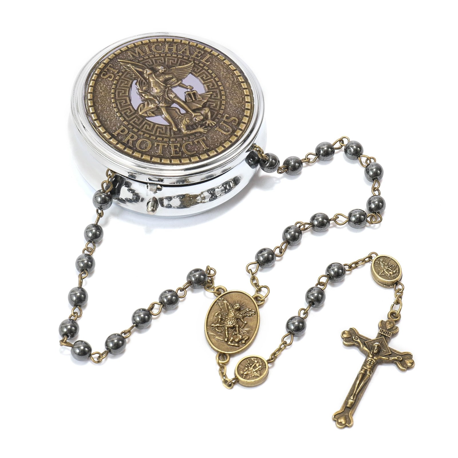 Nazareth Store St. Michael Rosenkranz Halskette mit Hämatit-Steinperlen, Metallperlen, Glory Beads, Erzengel-Medaille und Kreuz, mit Metall-Geschenkbox (Bronze | Jesus-Kreuz) - Image 1