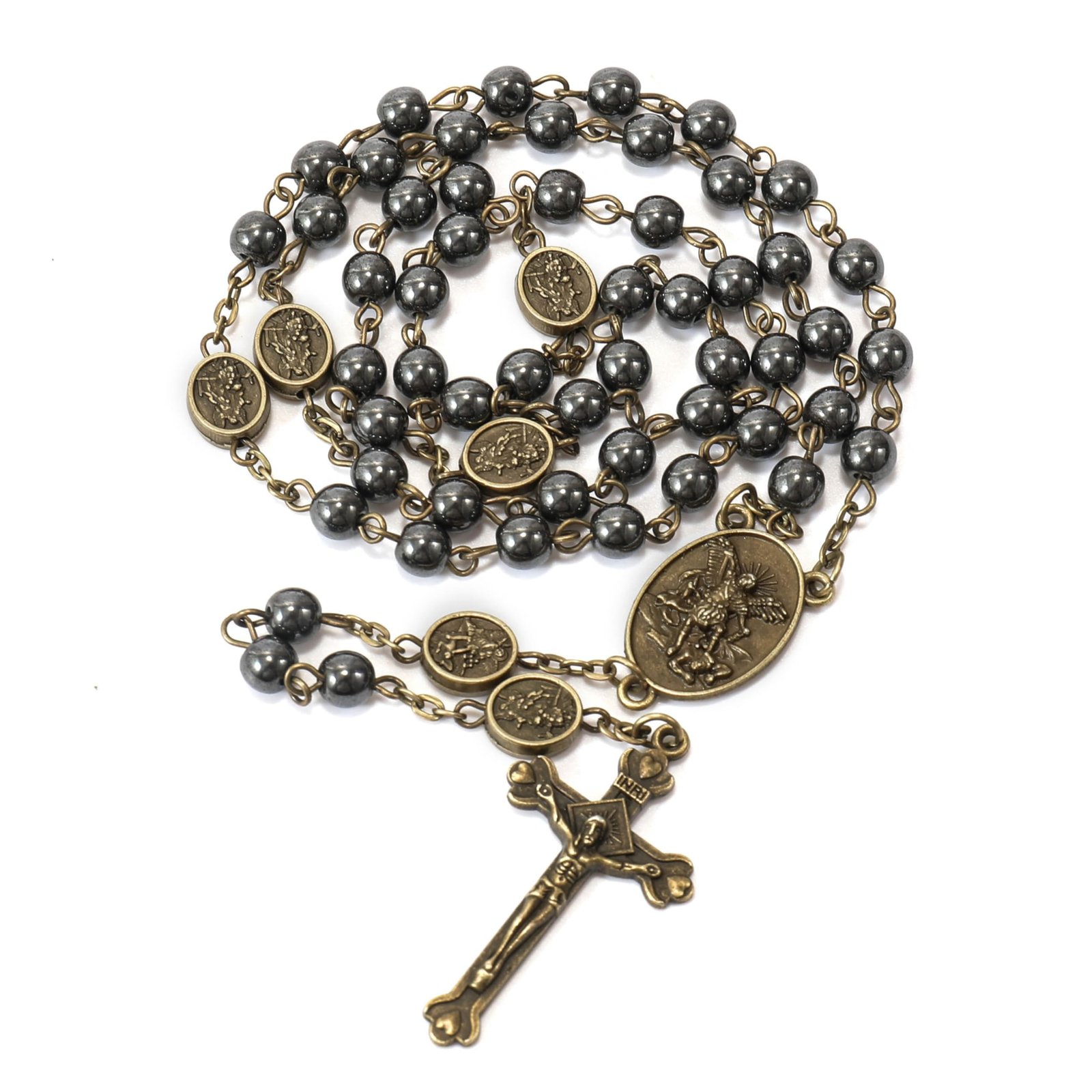 Nazareth Store St. Michael Rosenkranz Halskette mit Hämatit-Steinperlen, Metallperlen, Glory Beads, Erzengel-Medaille und Kreuz, mit Metall-Geschenkbox (Bronze | Jesus-Kreuz) - Image 2