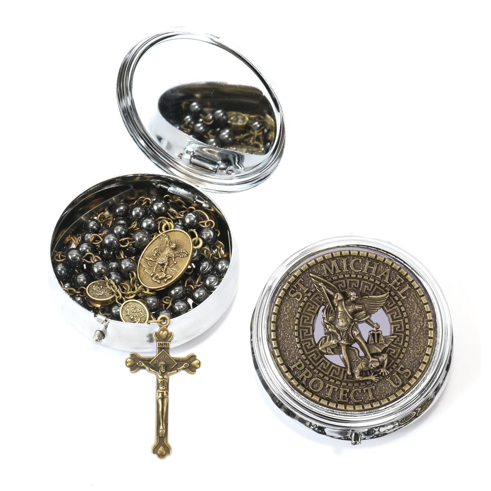 Nazareth Store St. Michael Rosenkranz Halskette mit Hämatit-Steinperlen, Metallperlen, Glory Beads, Erzengel-Medaille und Kreuz, mit Metall-Geschenkbox (Bronze | Jesus-Kreuz) - Image 3