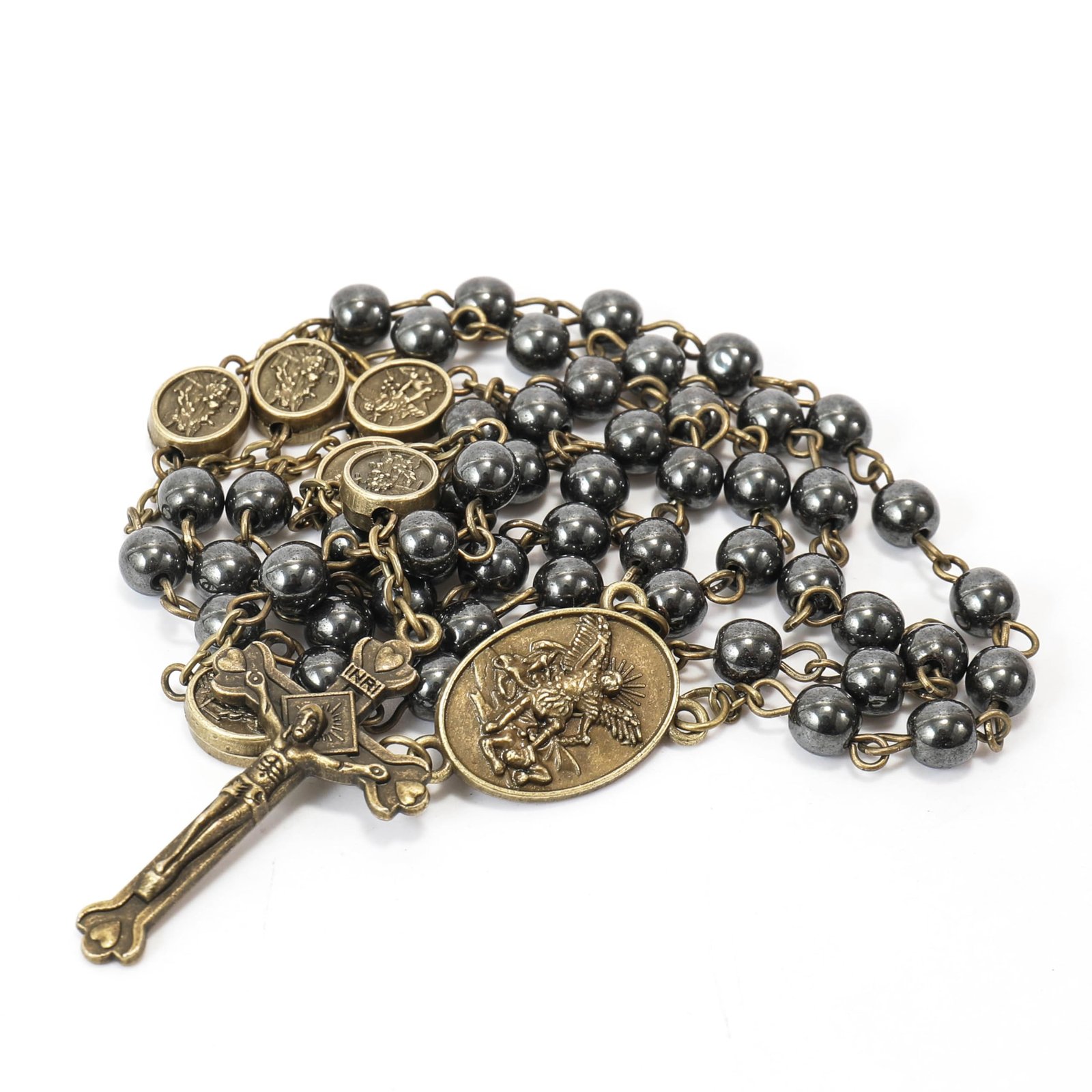 Nazareth Store St. Michael Rosenkranz Halskette mit Hämatit-Steinperlen, Metallperlen, Glory Beads, Erzengel-Medaille und Kreuz, mit Metall-Geschenkbox (Bronze | Jesus-Kreuz) - Image 4