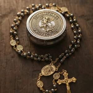 Nazareth Store St. Michael Rosenkranz Halskette mit Hämatit-Steinperlen, Metallperlen, Glory Beads, Erzengel-Medaille und Kreuz, mit Metall-Geschenkbox (Gold | Jesus-Kreuz) - Image 10
