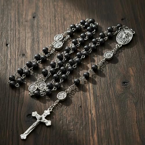 Nazareth Store St. Michael Rosenkranz Halskette mit Hämatit-Steinperlen, Metallperlen, Glory Beads, Erzengel-Medaille und Kreuz, mit Metall-Geschenkbox (Silber | Jesus-Kreuz) - Image 3