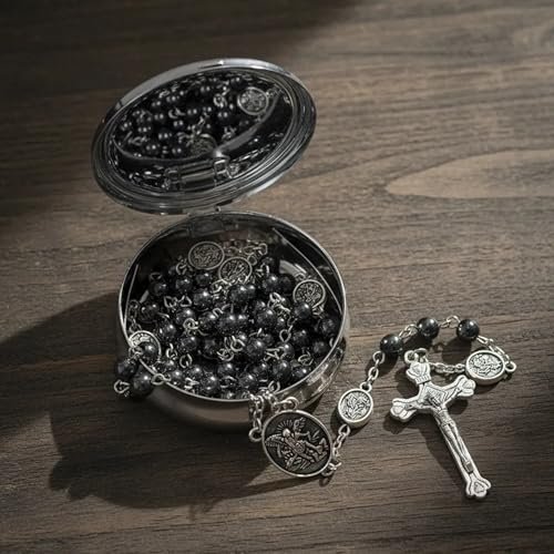 Nazareth Store St. Michael Rosenkranz Halskette mit Hämatit-Steinperlen, Metallperlen, Glory Beads, Erzengel-Medaille und Kreuz, mit Metall-Geschenkbox (Silber | Jesus-Kreuz) - Image 9