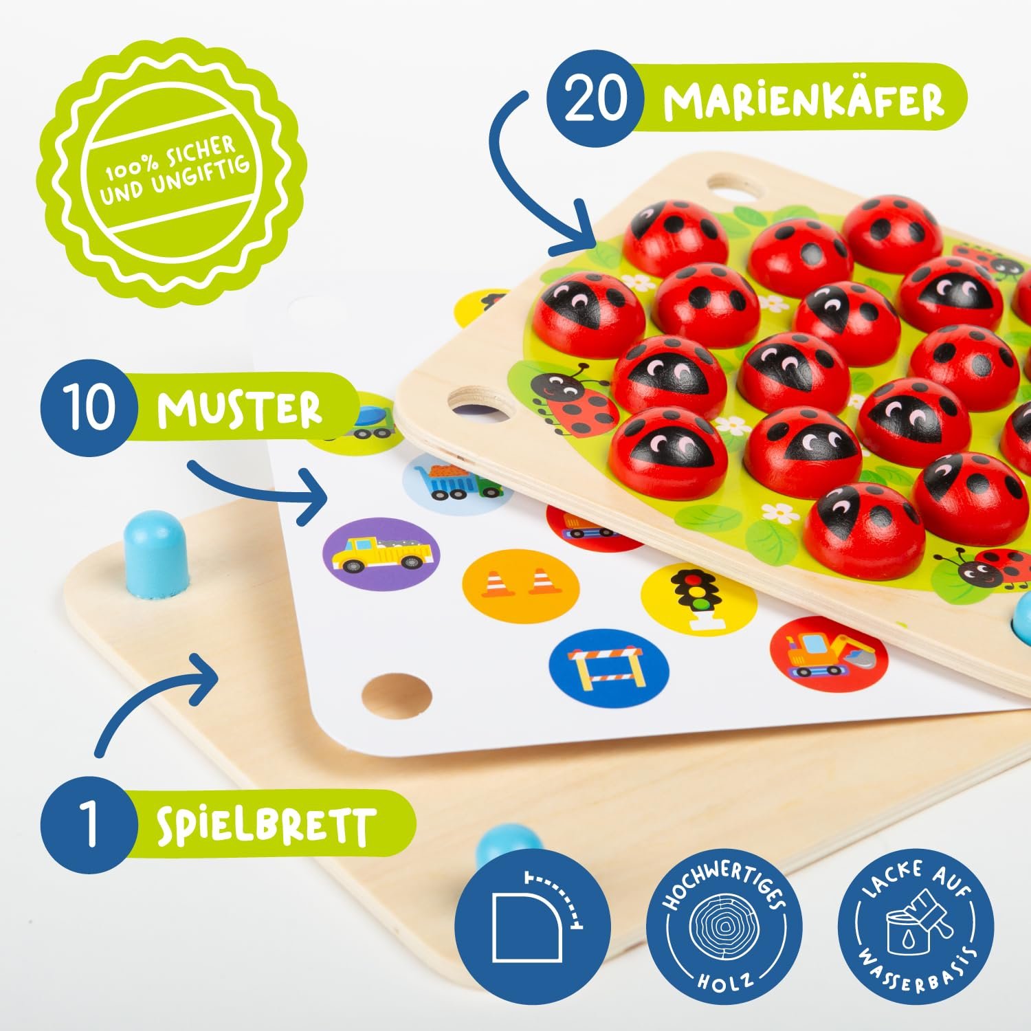 Nene Toys Marienkäfer-Garten, Gedächtnisspiel aus FSC® Holz für Kinder ab 3 Jahren – Pädagogisches Brettspiel mit 10 lustigen Mustern – Montessori Memo-Spiel – Geschenk Jungen Mädchen ab 3 4 5 Jahren - Image 4
