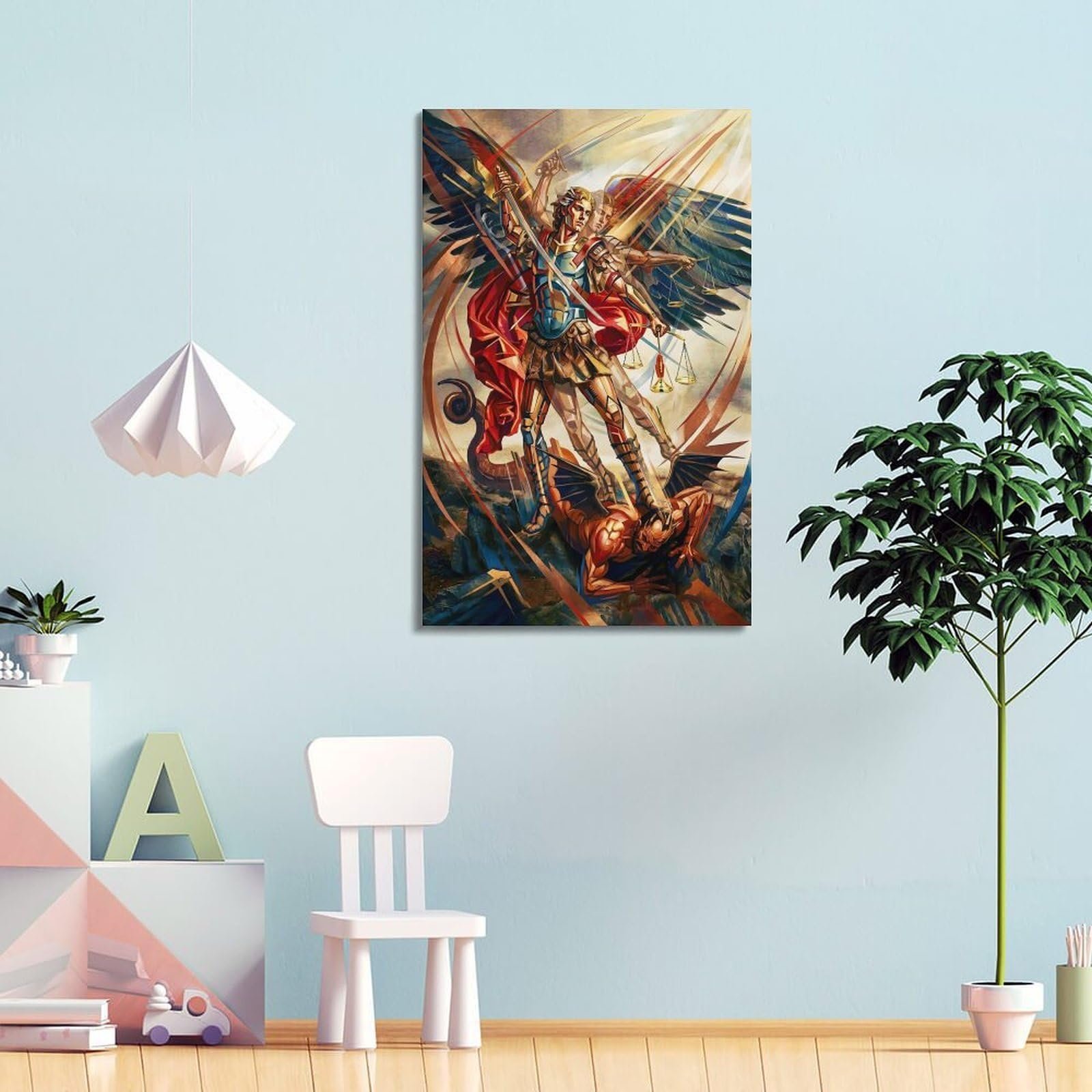 OKNGB Spiritueller Schutz, Heiliger Erzengel Michael, religiöses Poster, moderne dekorative Leinwanddrucke, ideale Wandkunst für Familie, Spielzimmer, Kinder, Jungen und Mädchen, 30 x 45 cm - Image 4