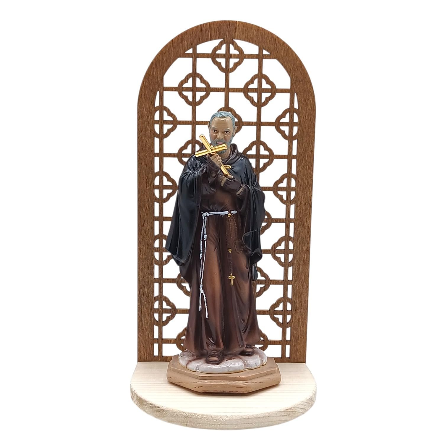 OVUNQUE PROTEGGIMI Pater Pio Statue 15 cm aus Harz mit Altarin aus Holz, religiöse Dekofigur, italienisches Kunsthandwerk - Image 1