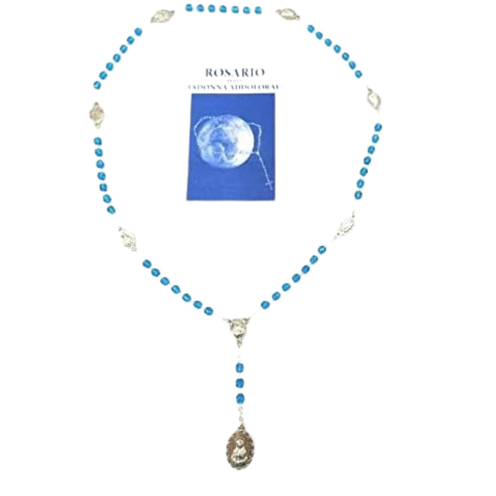OVUNQUE PROTEGGIMI Rosenkranz Maria Schmerzhafte Madonna aus halbem hellblauem Kristall plus Booklet, 6 mm. Rosenkranz der 7 Schmerzen Mariens. - Image 1