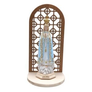 OVUNQUE PROTEGGIMI Statue Madonna von Fatima 15 cm aus Harz mit Altarin aus Holz, religiöse Dekoration, italienisches Kunsthandwerk - Image 1