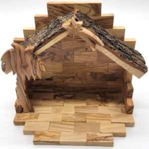 Olivenholz Krippenstall – 21 x 10 x 16 cm – Natürliches Rindendach | Handgefertigt aus Bethlehem Olivenholz NAT110 - Image 1