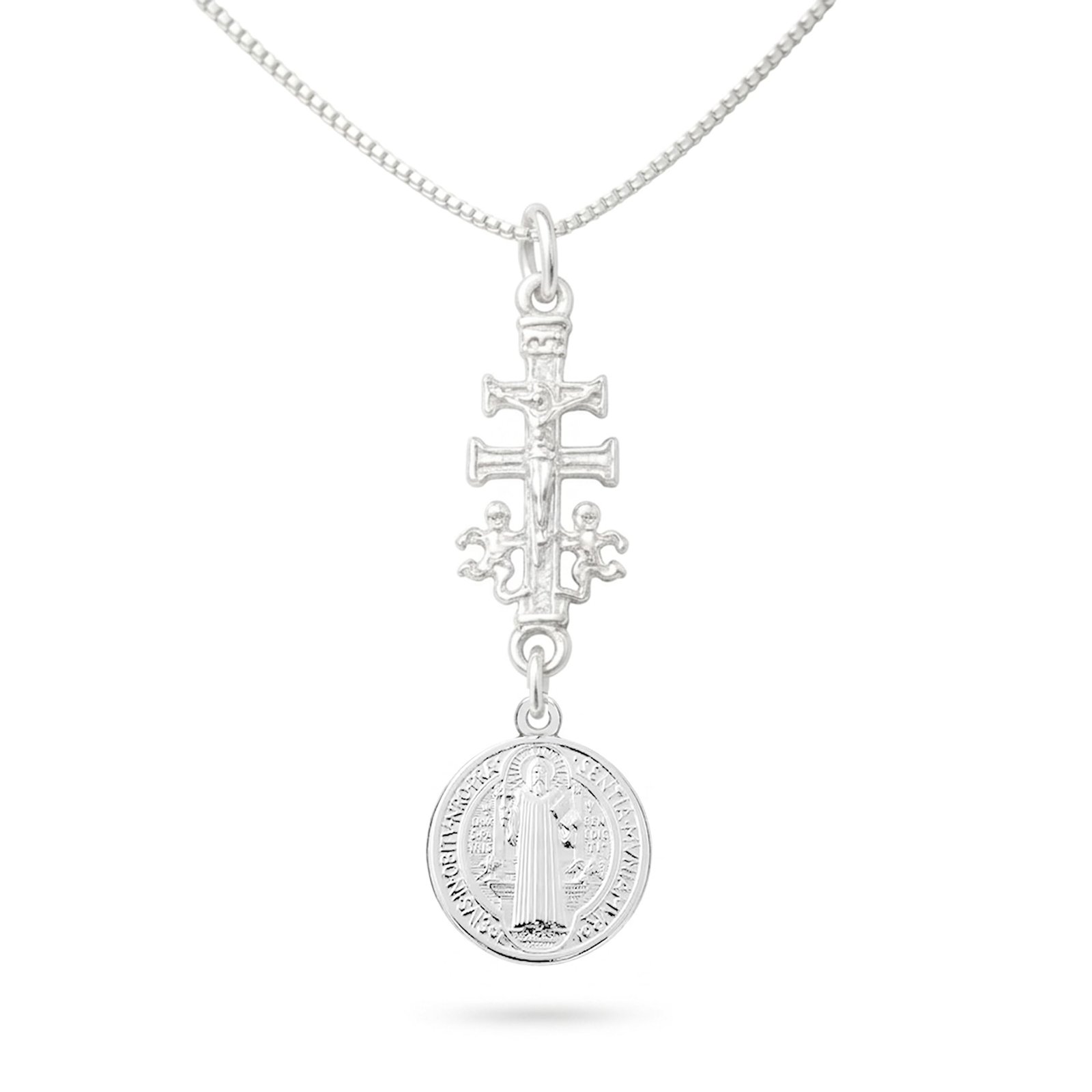 Only faith Halskette aus 925er Sterlingsilber mit doppeltem Anhänger, Caravaca-Kreuz und Medaille des Heiligen Benedikt, Venezianerkette, 45 cm, minimalistisch, Pequeño, Edelstahl, Kein Edelstein - Image 1