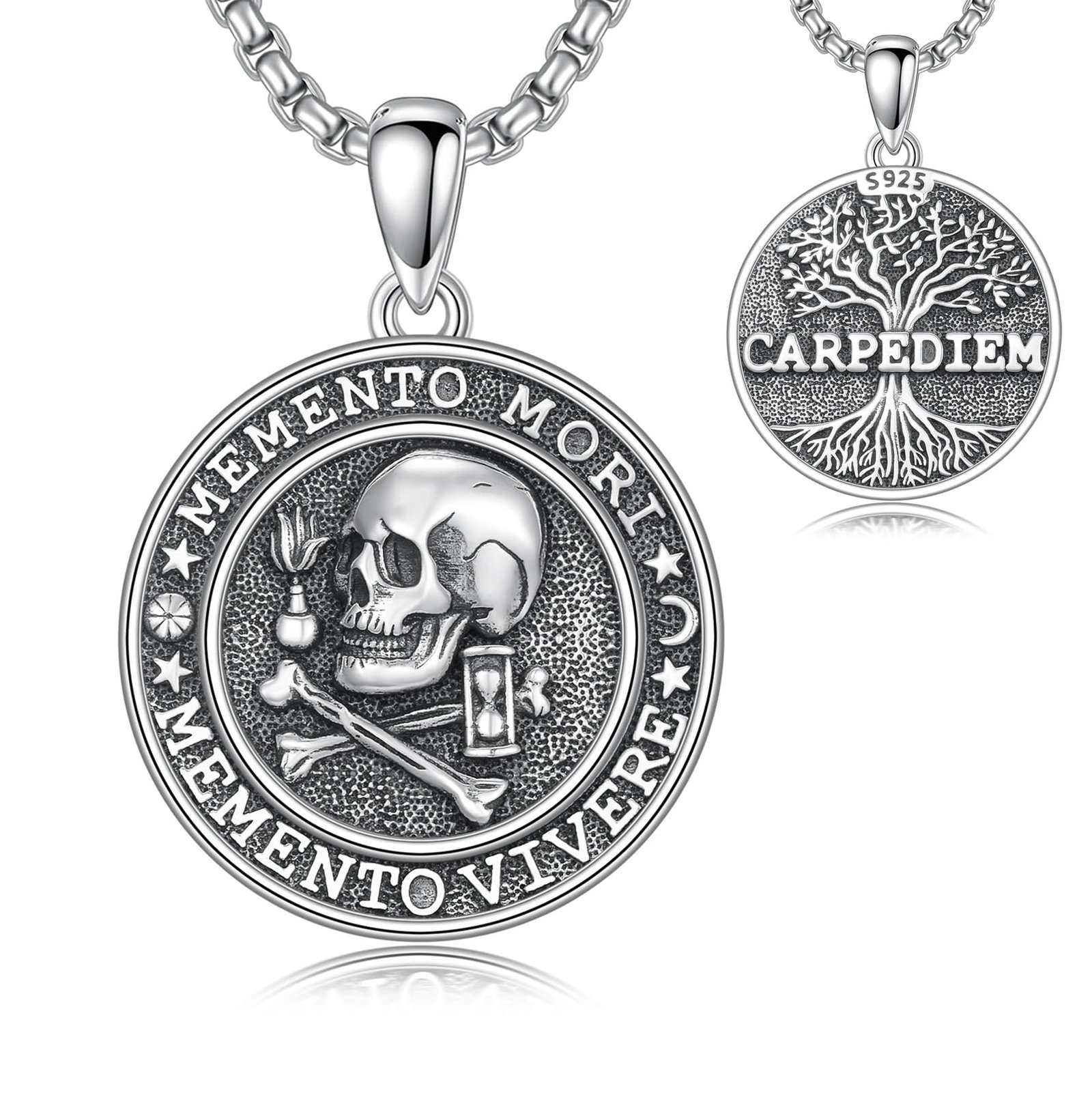 PROESS Memento Mori Kette 925 Sterling Silber Totenkopf Halskette Anhänger Sanduhr Memento Mori Schmuck Geschenke für Männer und Frauen - Image 1