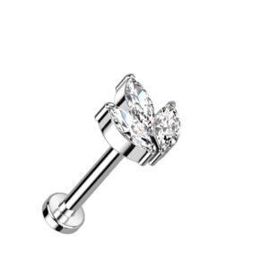 Paula & Fritz® Push-In Labret Piercing Blatt Silber Zirkonia Klar Titan-IUM Grade 23 Set Mehrfarbig 1-mm Stab-Dicke Blüten-Sockel Madonna Medusa Helix - Image 1