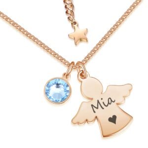 Personalisierte Kette mit Schutzengel und Geburtsstein in Silber und Rosegold | Taufgeschenke für Mädchen zu Kommunion Konfirmation Einschulung | Namenskette Personalisiert mit Gravur - Image 1