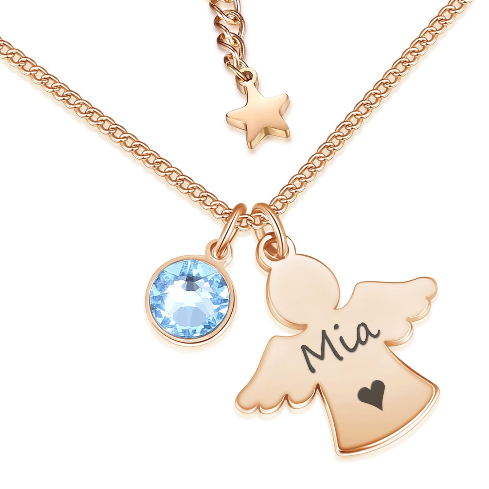 Personalisierte Kette mit Schutzengel und Geburtsstein in Silber und Rosegold | Taufgeschenke für Mädchen zu Kommunion Konfirmation Einschulung | Namenskette Personalisiert mit Gravur - Image 1