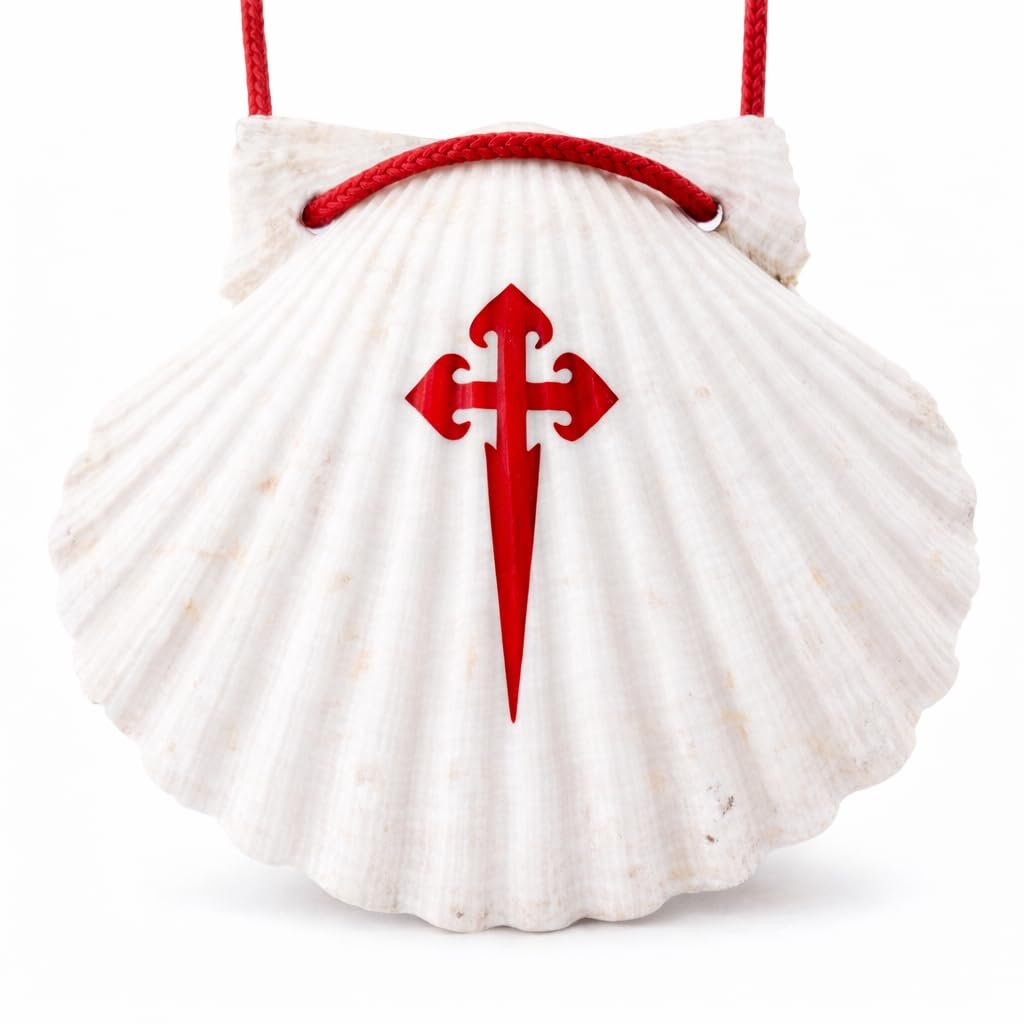 Pilgermuschel für den Jakobsweg – handgefertigt in Galizien, Spanien, echte Jakobsmuschel mit roter Kordel und rotem Kreuzaufdruck, ca. 10–11 cm, für Rucksack, Wanderstock oder als Pilgergeschenk - Image 1