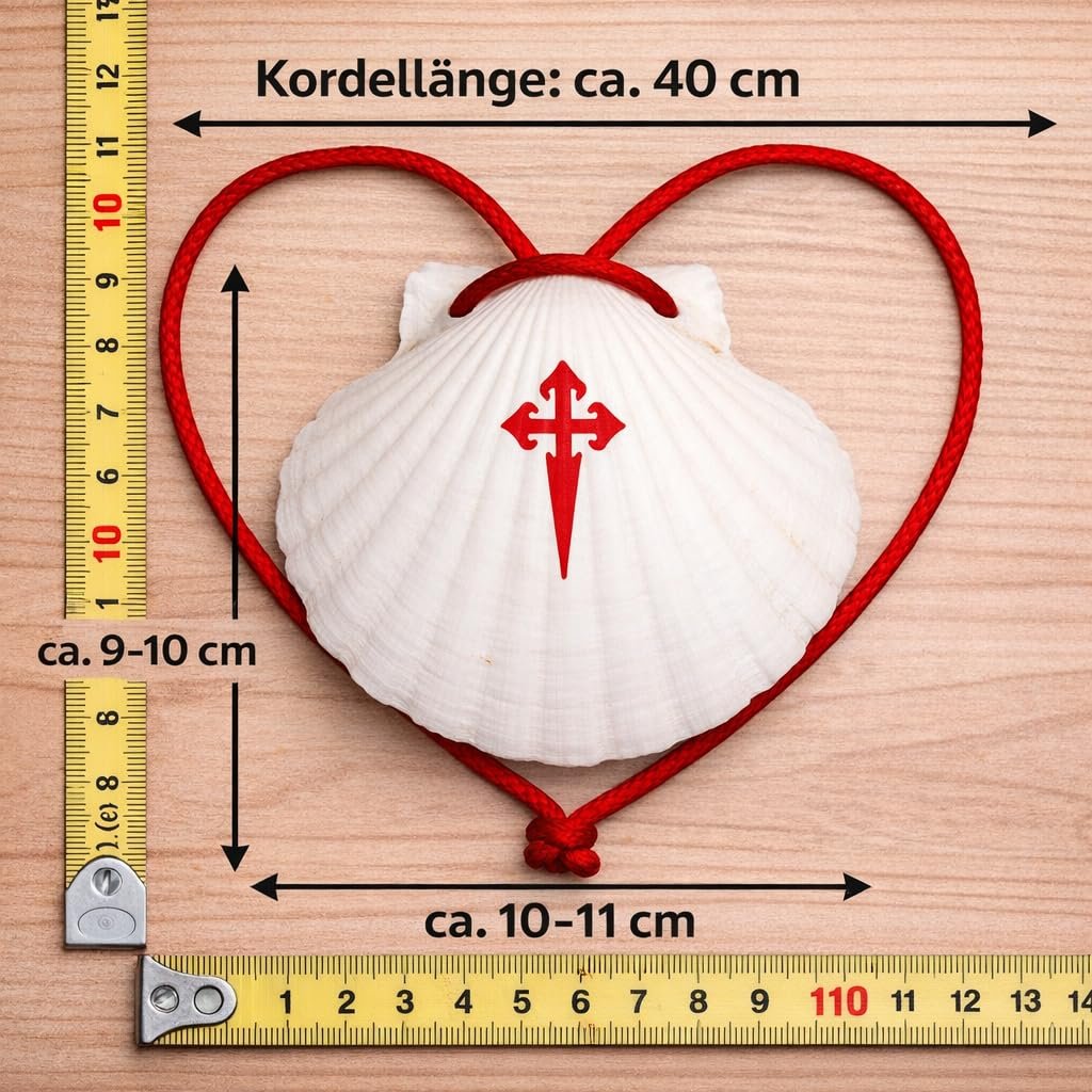 Pilgermuschel für den Jakobsweg – handgefertigt in Galizien, Spanien, echte Jakobsmuschel mit roter Kordel und rotem Kreuzaufdruck, ca. 10–11 cm, für Rucksack, Wanderstock oder als Pilgergeschenk - Image 4
