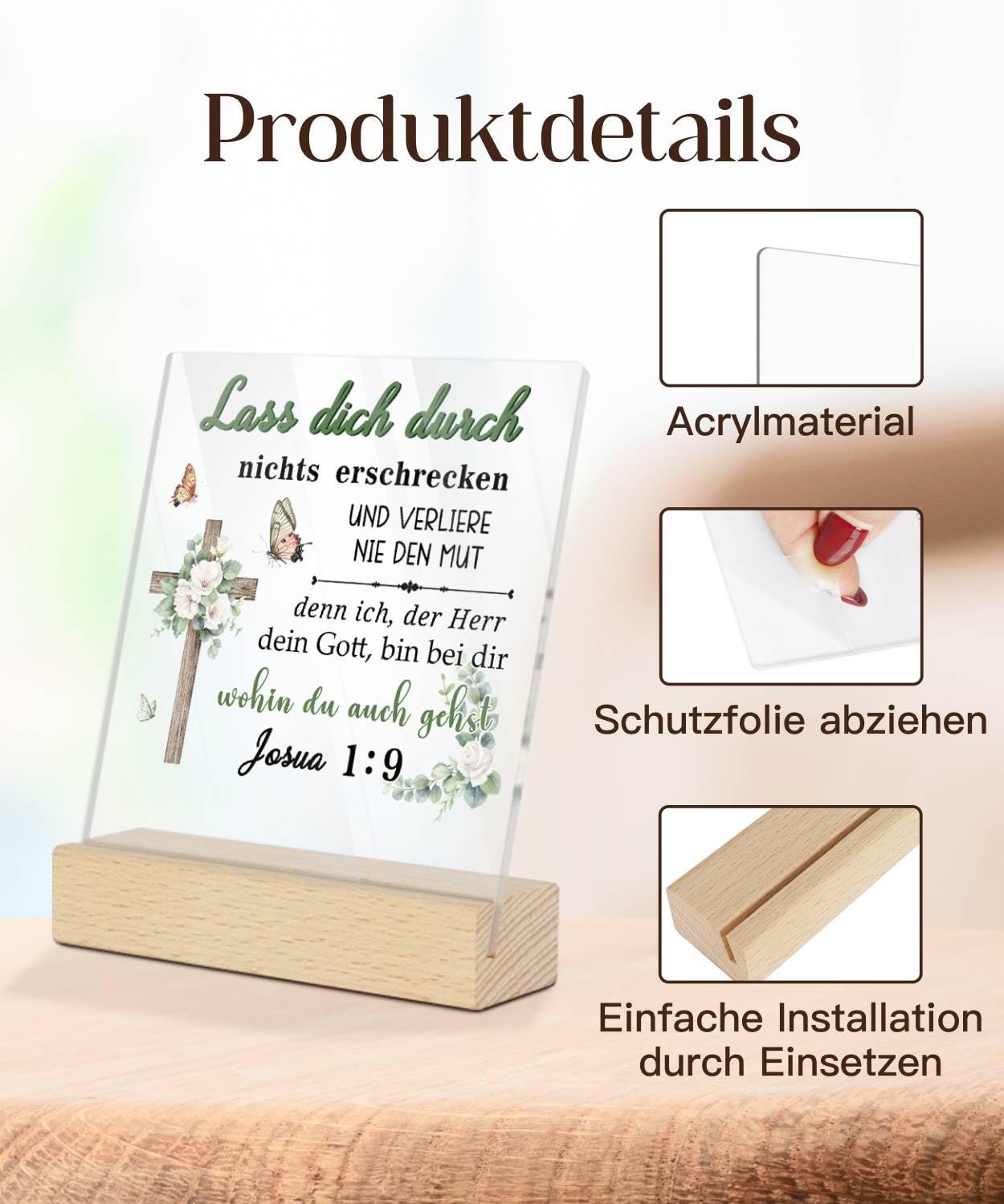 Putuo Decor Acryl Tischdeko Schild mit Bibelvers – Lass dich durch nichts erschrecken, Josua 1:9, christliches Geschenk mit Kreuz, Schmetterlingen und Blumen - Image 3