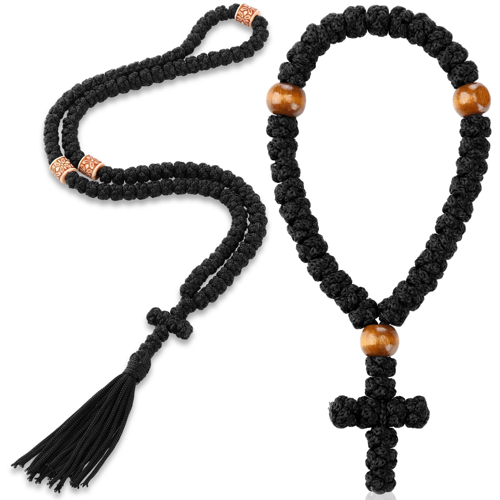 Quelay Handgefertigtes christliches Gebetsseil mit 100 Knoten, orthodoxes Gebetseil, 33 Knoten, orthodoxe, griechische Gebetsschnur, Schutz, Segen, Kreuz, Quaste, Auto-Anhänger, Geschenk, Schwarz - Image 1