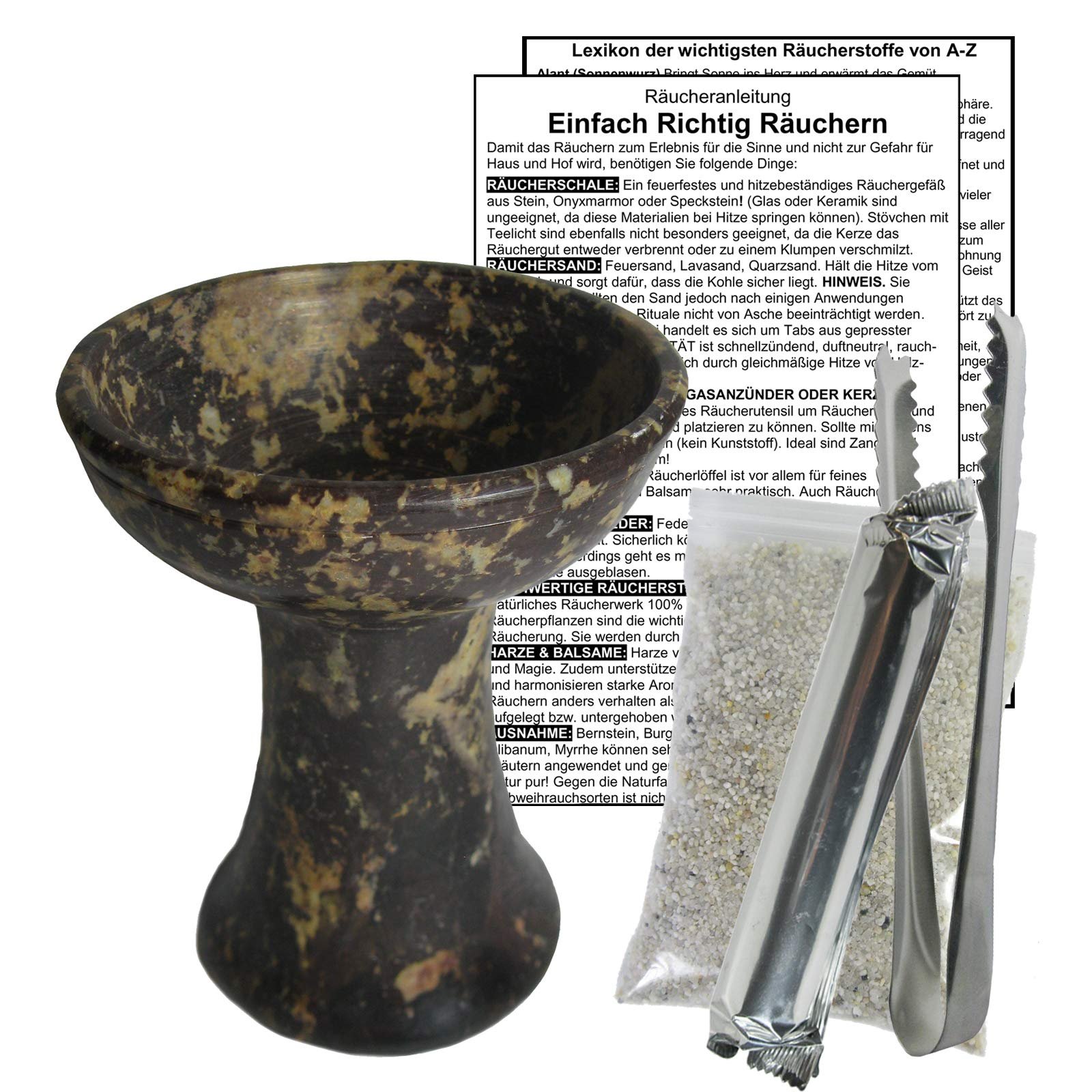 RÄUCHERSCHALE XL Räuchergefäß Set mit Kohle - Räucherkelch NATURSTEIN + RÄUCHERZANGE zum räuchern für jedes Räucherwerk, Weihrauch, Hausreinigung, Rauhnächte mit Räucheranleitung, ZUBEHÖR. 81001-B02 - Image 1