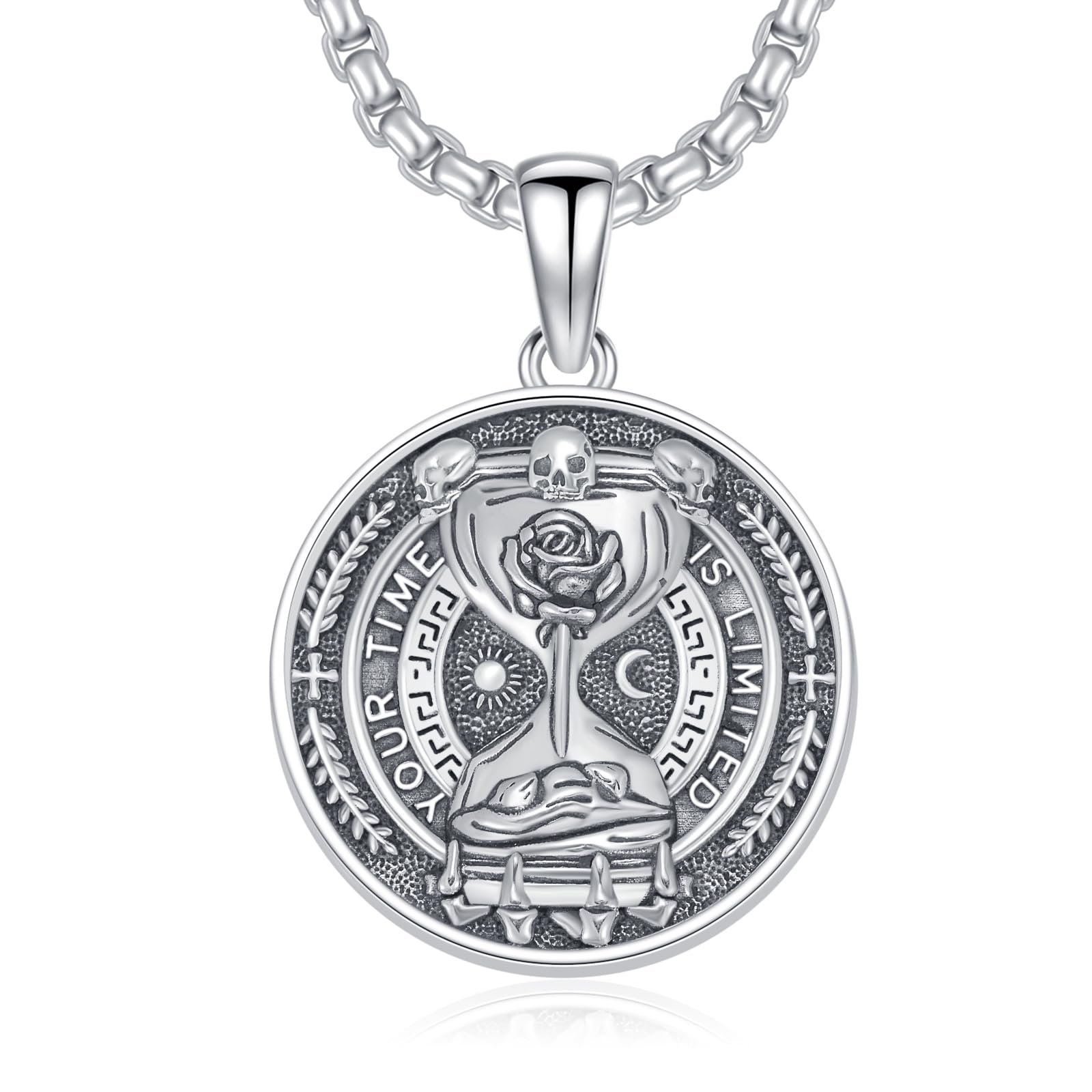ROMANTICWORK Memento Mori Kette 925 Sterling Silber Stoische Sanduhr Münzhals Kette Totenkopf Stoischer Schmuck Geschenke für Herren Damen - Image 1