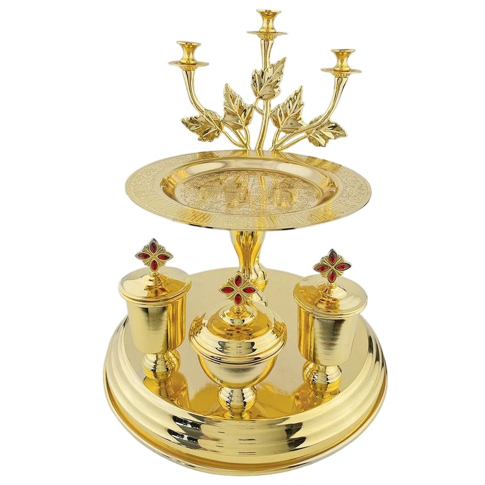 RZRHMUHN Orthodoxes Altar Vigil Lampe-Set, vergoldete Heilige Dreifaltigkeits-Gebetslampe mit Ölgläsern und Tablett, traditionelle kirchliche liturgische Ware für Heim-Ikonenecke und religiöse - Image 1