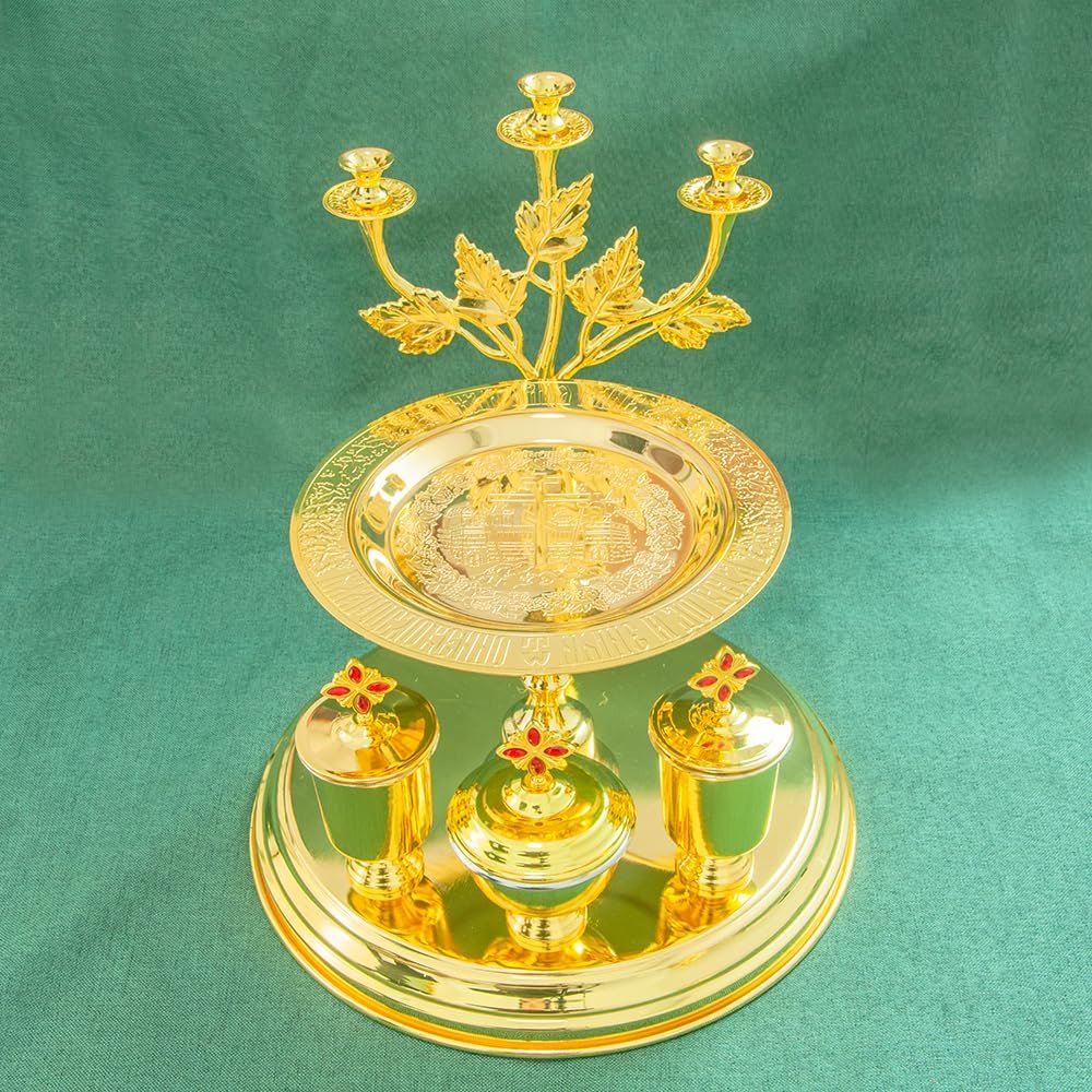 RZRHMUHN Orthodoxes Altar Vigil Lampe-Set, vergoldete Heilige Dreifaltigkeits-Gebetslampe mit Ölgläsern und Tablett, traditionelle kirchliche liturgische Ware für Heim-Ikonenecke und religiöse - Image 3