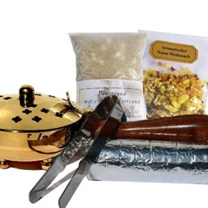 Räucherpfanne Set 5 teilig Räuchergefäß zum Räuchern von Weihrauch, Harzen, inkl. Weihrauch, Räucherkohle, Räuchersand, Räucherzange (Gold/Messing) - Image 1