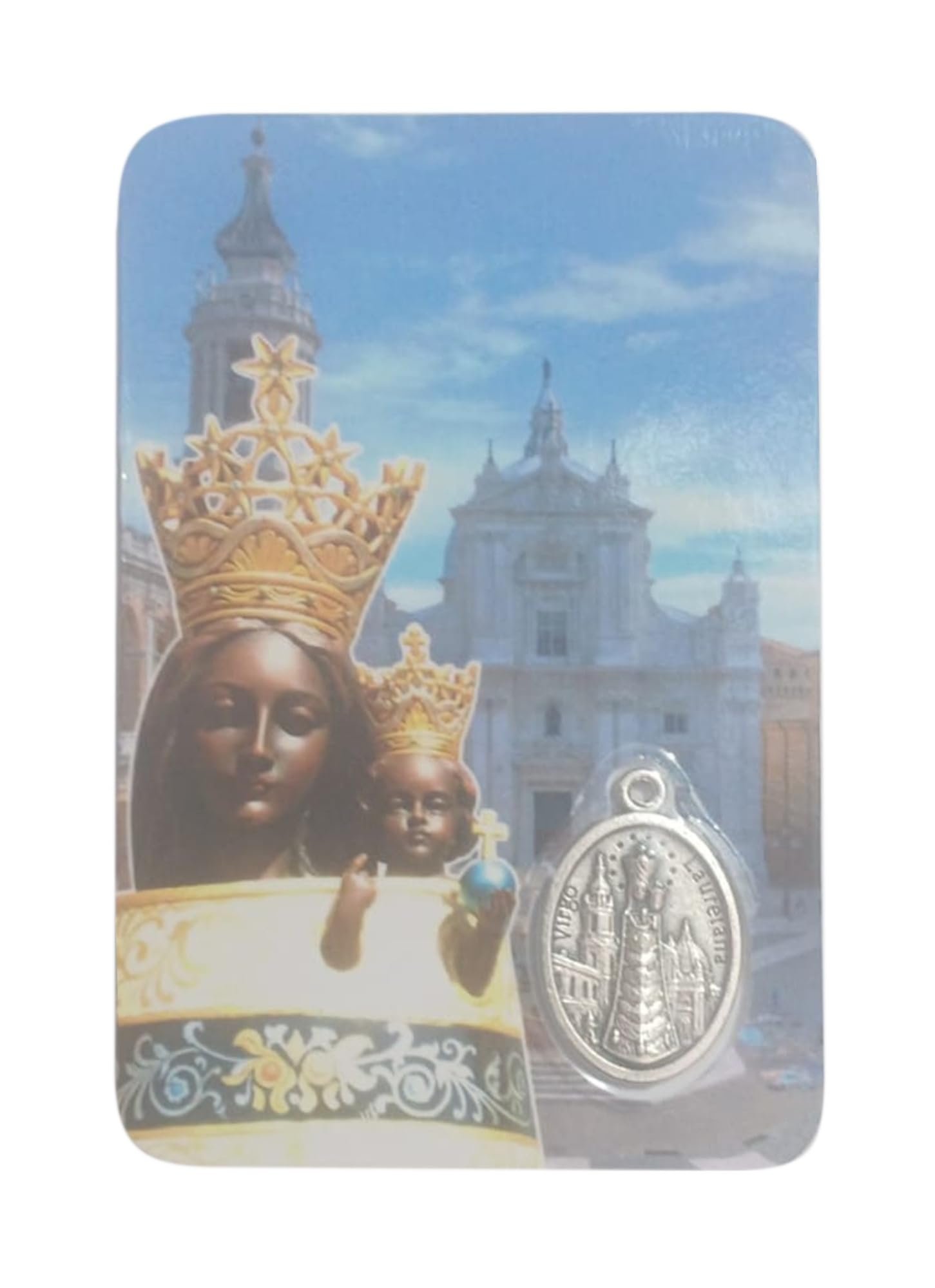 Religiöse Santini Madonna von Loreto. Ein großer Schutz immer bei Ihnen. Karte mit farbigem Bild, Gebet und Medaille, versilbert. Holy Card im Taschenformat, laminiert, hergestellt in Italien - Image 1