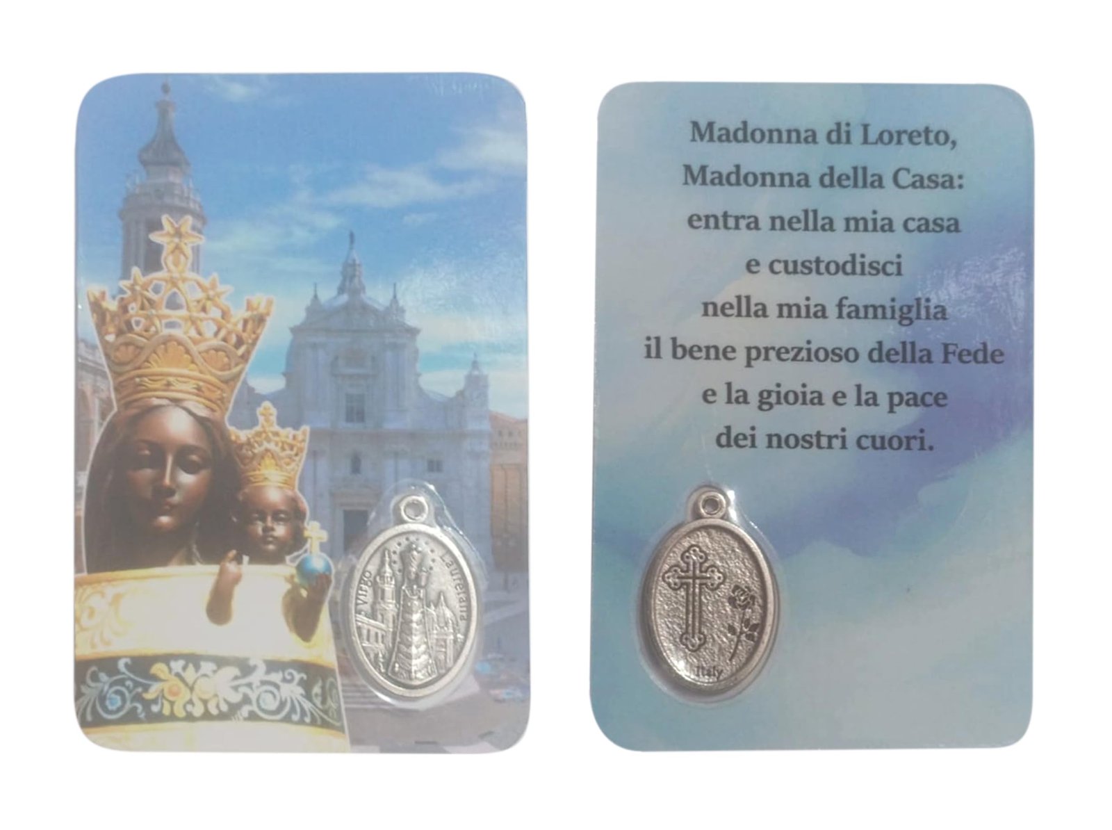 Religiöse Santini Madonna von Loreto. Ein großer Schutz immer bei Ihnen. Karte mit farbigem Bild, Gebet und Medaille, versilbert. Holy Card im Taschenformat, laminiert, hergestellt in Italien - Image 3