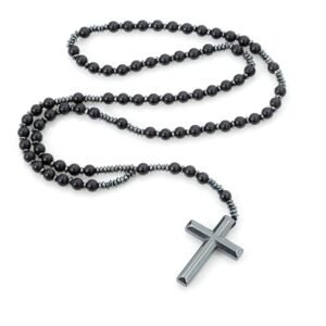 Rosenkranz Black Onyx Halskette Kreuz Anhänger Hämatit Perlen Länge ca. 78cm Perlen Perlenhalskette Rosenkranz Damen Herren - Image 1