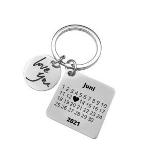 Schlüsselanhänger Herz-Tag-Kalender mit edler Datum Gravur Personalisiert und Beidseitig bedruckt I Jahrestag Individuell graviert I Ich liebe dich Partner Geschenk am Schlüsselband (Silber) - Image 1