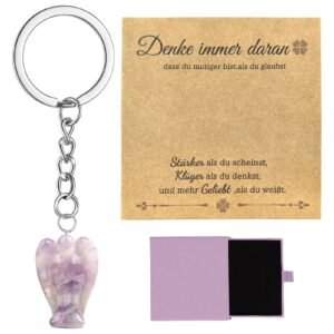 Schutzengel Geschenk-Schutzengel Schlüsselanhänger mit Geschenkbox+Karte,Rosenquarz Engel Figur Kristall,Schutzengel Glücksbringer,Heilung Kristall,Glücksbringer Anhänger Geschenke für Frauen-Lila - Image 1