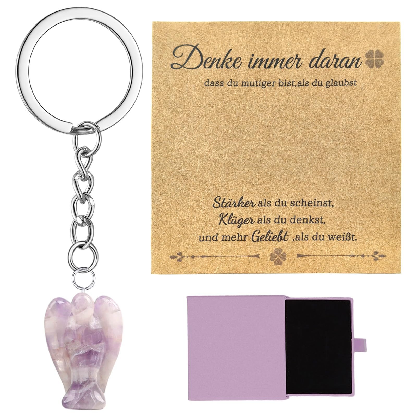 Schutzengel Geschenk-Schutzengel Schlüsselanhänger mit Geschenkbox+Karte,Rosenquarz Engel Figur Kristall,Schutzengel Glücksbringer,Heilung Kristall,Glücksbringer Anhänger Geschenke für Frauen-Lila - Image 1